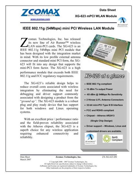 Ieee 80211g 54mbps Mini Pci Wireless Lan Module Zcomax