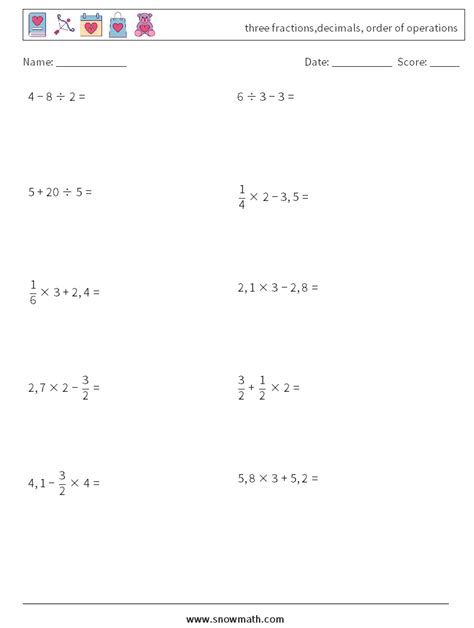 Three Fractionsdecimals Order Of Operations Math Worksheets 1math