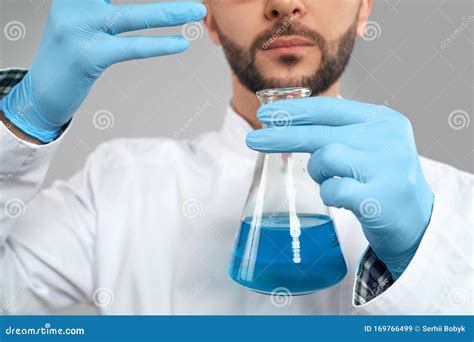 Selective Focus Of Flask With Blue Liquid Stock Image Image Of
