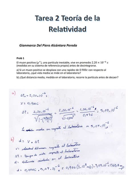 Tarea 2 T Relatividad Alcántara P Gianmarco Física Ii Unfv Studocu