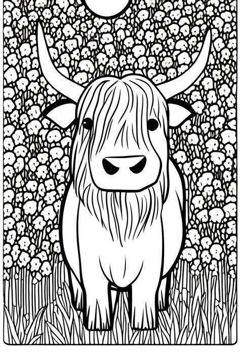 Highland Cow In Flower Forest Coloring Page · Creative Fabrica