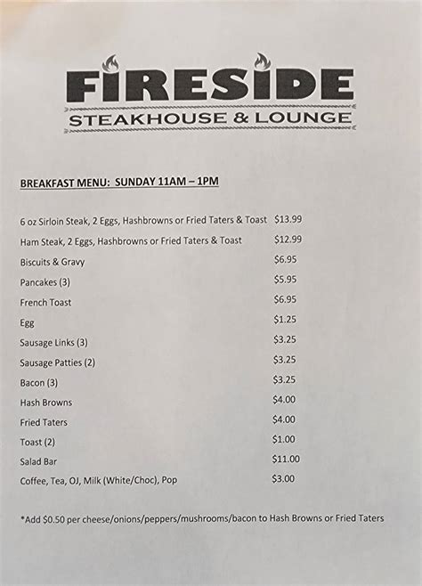 Menu At Fireside Steakhouse Lounge Anthon