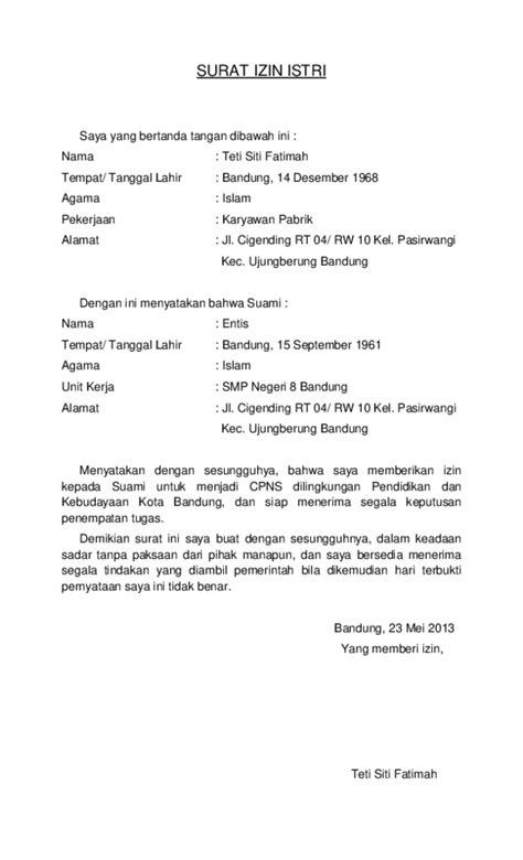 Surat Pernyataan Izin Suami Istri / Contoh Surat Izin Kerja Suami