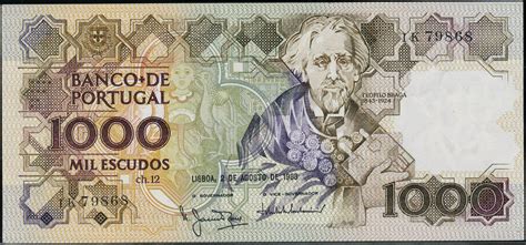 Reflektierende nummer in der unteren vorgegeben waren u. Portugal 1000 Escudos banknote 1983 Teófilo Braga|World ...