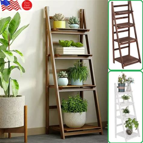 4 Tier Foldable Ladder Plant Stand Flower Pot Rack Wooden Shelf Display