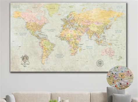 Large World Map On Canvas Push Pin Classic World Map Etsy