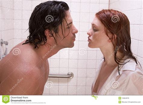 Naked Man And Woman In Love Are Kissing In Shower Royalty