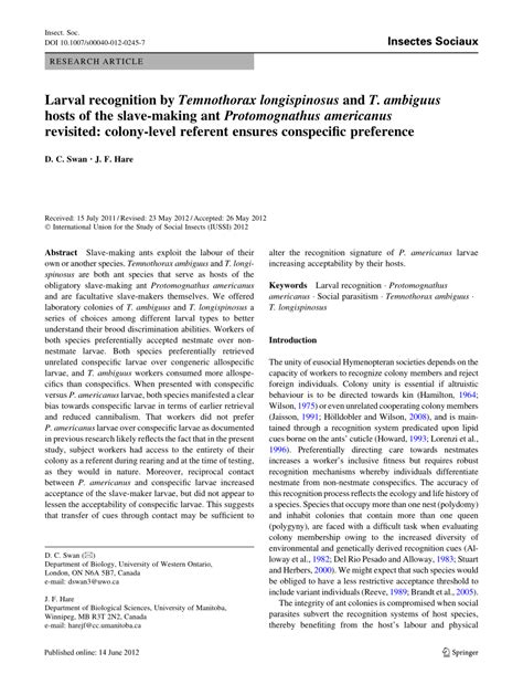 Pdf Larval Recognition By Temnothorax Longispinosus And T Ambiguus