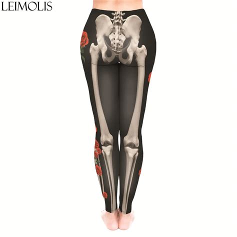 Leimolis 3d Print Gothic Rose Flower Skeleton Fitness Push Up Workout Leggings Women Plus Size