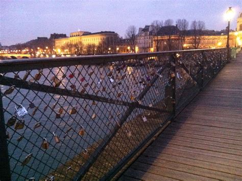 Paris France Love Lock Bridge A Couple Writes Their Names On The