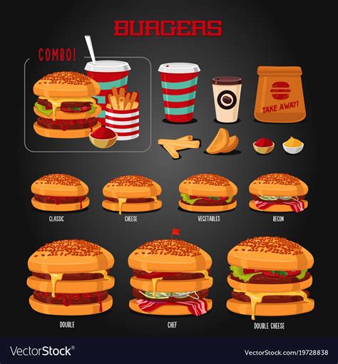 Burger Menu Hamburgers Types Fast Food Icons Set Vector Image