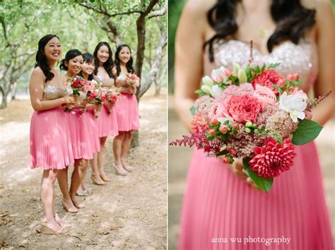 Coral Pink And Gold Sequin Bridesmaids Dresses And