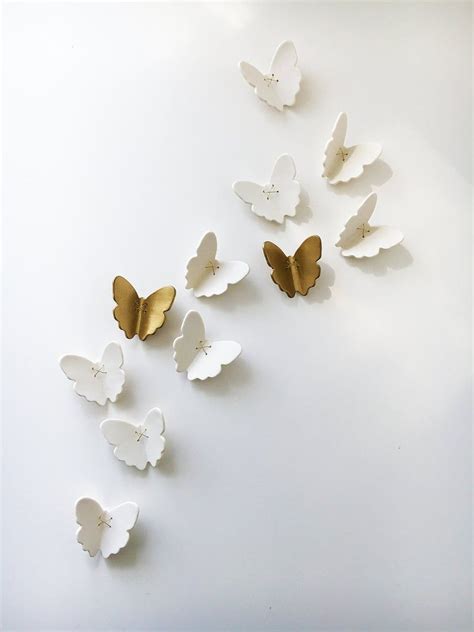 3d Butterfly Wall Art 7 Gold White Porcelain Ceramic Etsy 3d