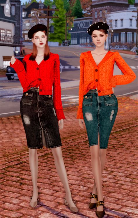 Autumn Sweater Cardigan And Midi Denim Skirt From Rimings • Sims 4