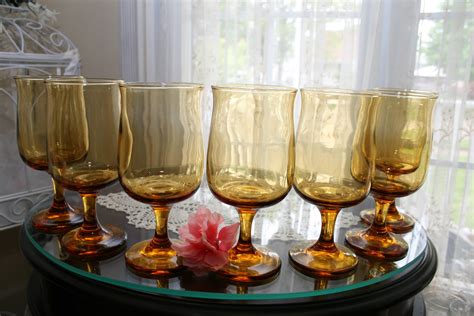 Mary The Glass Lady 6 Vintage Amber Water Goblets
