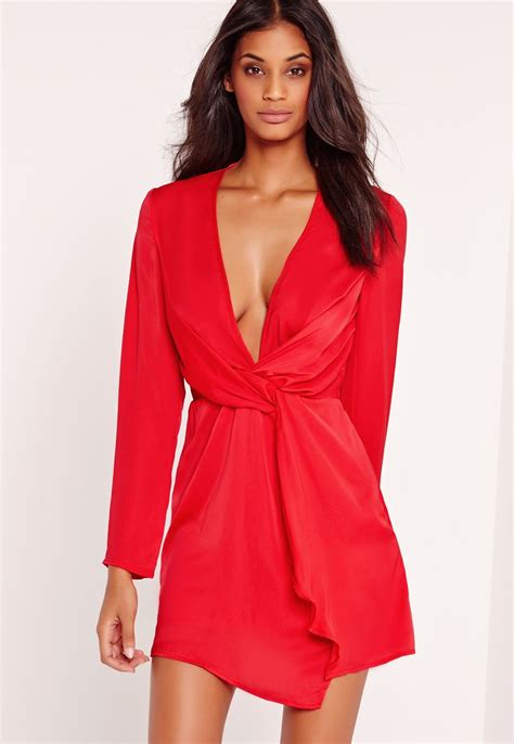 Missguided Silky Plunge Wrap Shift Dress Red Red Dress Women Dress