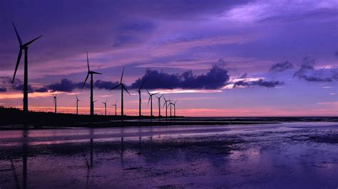 Purple Sky Landscape Wind Turbine Beach Wallpapers Hd
