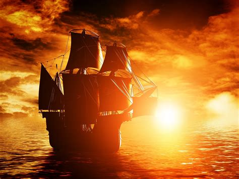 Ancient Pirate Ship Sailing On The Ocean At Sunset Red