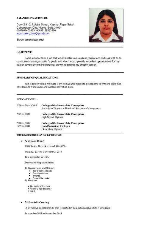 Sample Resume Of Hotel And Restaurant Management Student