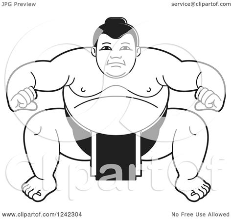 Clipart Of A Black And White Sumo Wrestler Crouching 3 Royalty Free