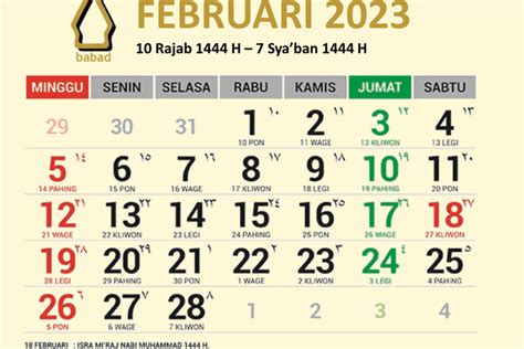 Kalender Jawa Februari 2023 Lengkap Dengan Weton Dan Hari Libur