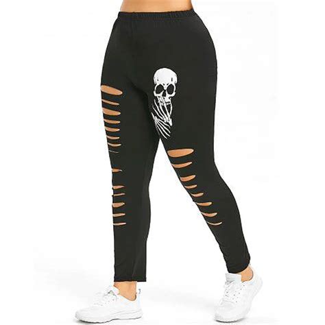 Wipalo Plus Size Skull Print Ripped Leggings Sexy Women Hollow Out Gothic Leggings Fitness