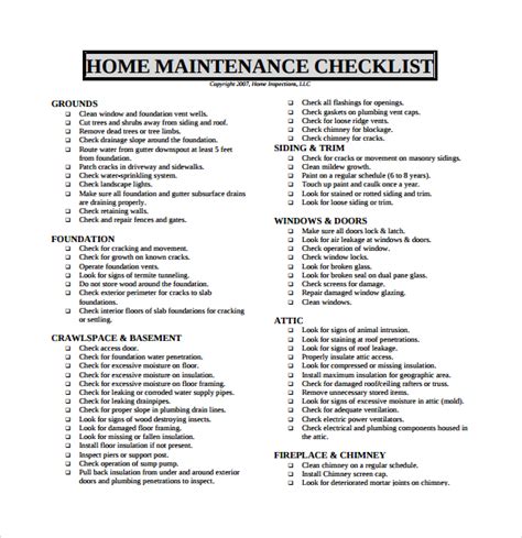 Sample Maintenance Checklist Template 9 Free Documents In Pdf