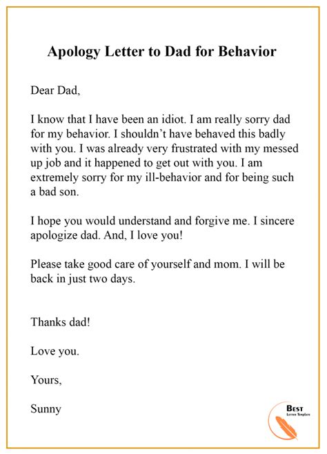 Apology Letter Template To Dad Format Sample And Example