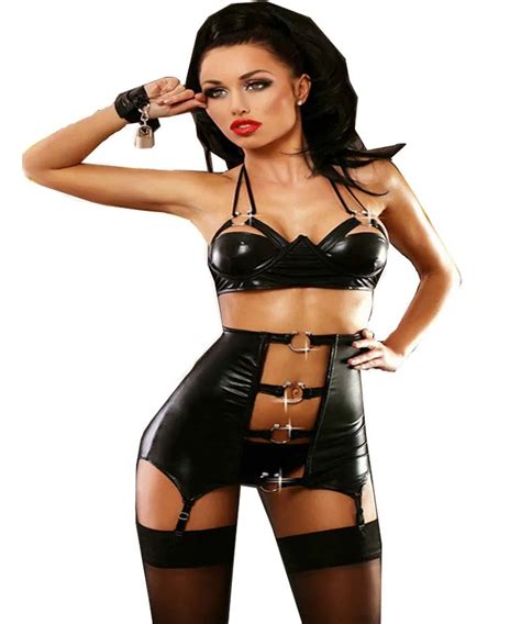 Buy Women Hot Sexy Gothic Punk Faux Leather Garter Lingerie Set Black Underwear