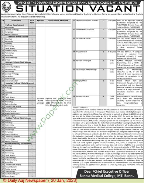 Professor Jobs In Bannu At Bannu Medical College On January