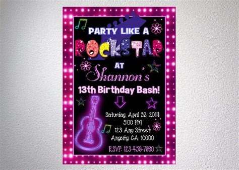 Custom Rockstar Invitation Pink Neon Glow Birthday Party Invitation