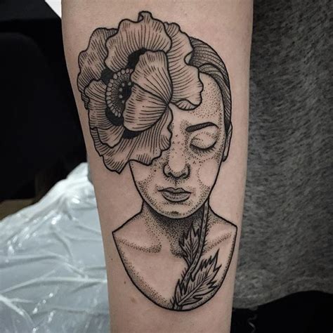 Grotesque Ladys Portrait With Big Poppy Flower On Head Tattoo On