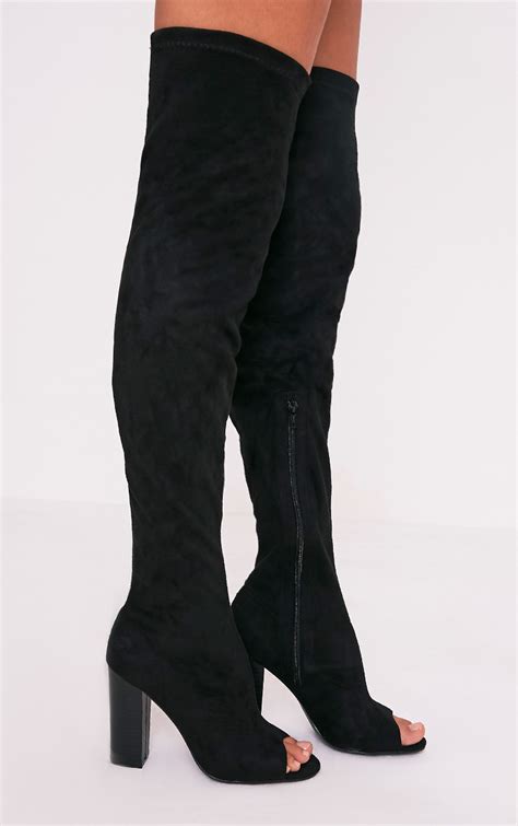 Beccy Black Faux Suede Over The Knee Peep Toe Boots Boots Prettylittlething