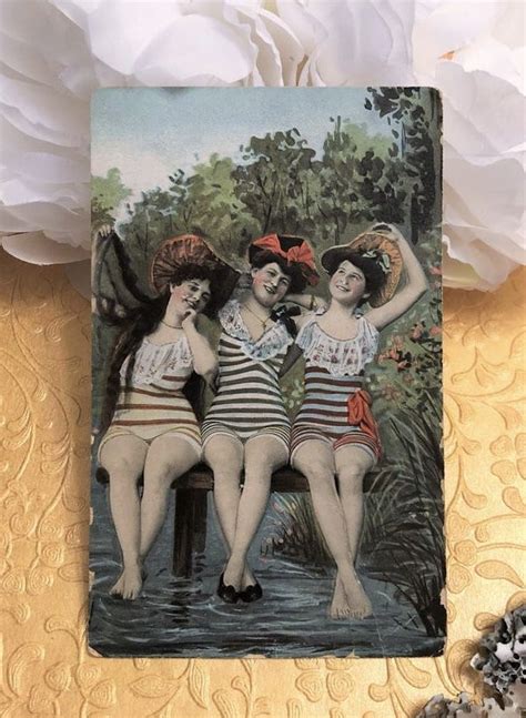 Bathing Beauties Antique Postcard C 1910 Edwardian Striped Etsy Antique Postcard Antiques