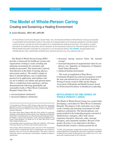 Pdf The Model Of Whole Person Caring Creating And Sustaining A