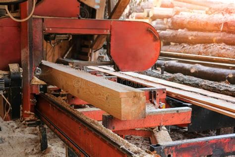 The Process Of Processing Pine Wood At A Sawmill Timber Industry Stock