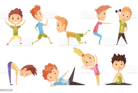 Descargue el vector de stock dibujos animados ilustración de un niño haciendo ejercicio con pesas. Ilustración de Deporte De Fitness Conjunto De Niños Y Chicas Haciendo Ejercicios Gimnásticos ...
