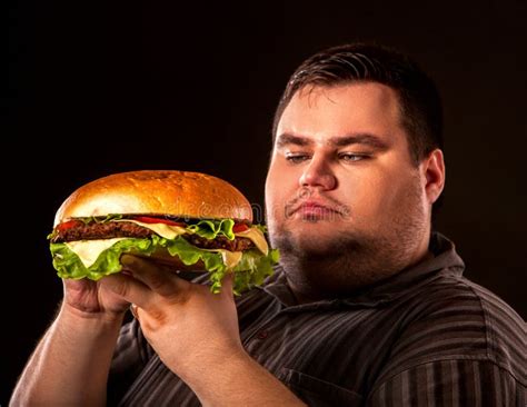 Fat Man Eating Fast Food Hamberger Breakfast For Overweight Person Stock Photo Image Of