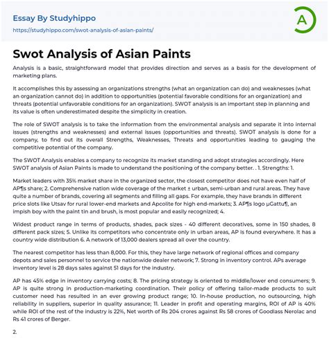 Swot Analysis Of Asian Paints Essay Example StudyHippo