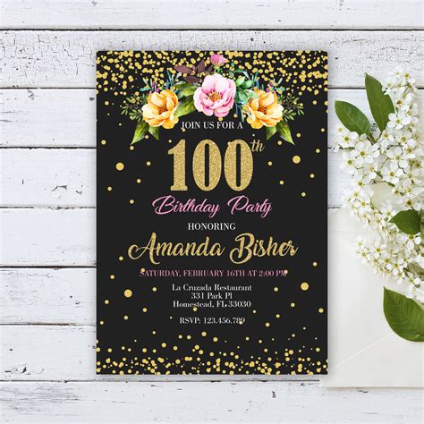 100th Birthday Invitation For Women Flower Birthday Party Etsy