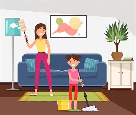 Premium Vector Mother And Daughter Doing Household Chores