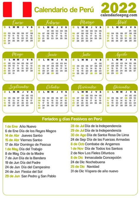 Calendario 2022 De Perú Para Imprimir Y Descargar En Pdf O  Mobile