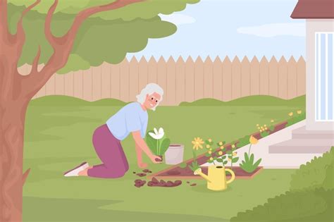Premium Vector Gardening Hobby For Senior Flat Color Vector Illustration