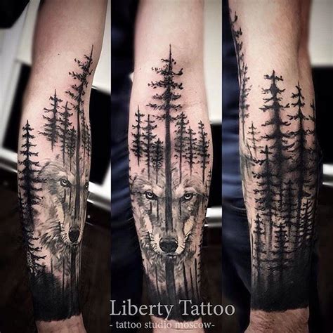 Tattoos On The Legs Of Men With Wolf And Pine Trees In Black And Grey Ink