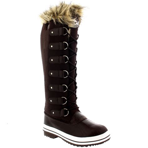 Womens Fur Cuff Lace Up Rubber Sole Knee High Winter Snow Rain Shoe