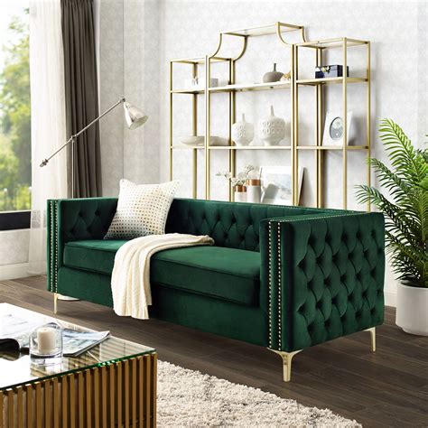 See more ideas about interior, interior design, house interior. Inspired Home Sania Velvet Sofa- 3-Seat Nailhead Trim Gold Legs Inspired Home, Hunter Green ...