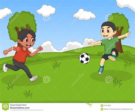 Kids Playing Soccer In The Park Cartoon Vector