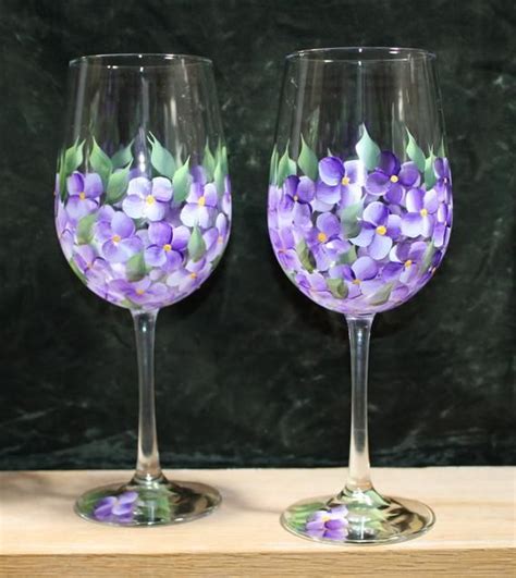 Hand Painted Wine Glasses Violets Set Of 2 Etsy Hand Painted Wine Glasses Painted Wine