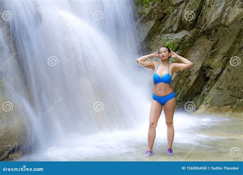 Woman Stand Happy Front Waterfall And Blue Bikini Stock Photo Image