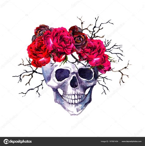 Human Skull Red Roses Branches Watercolor For Halloween — Stock